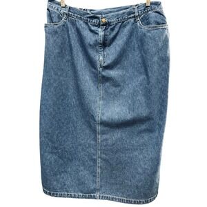 Vtg Victoria Jones 2X Denim Midi Skirt Classic Partial Elastic USA Retro Pockets